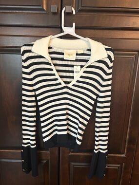 Maeve Black and White Striped V-Neck Collared Sweater